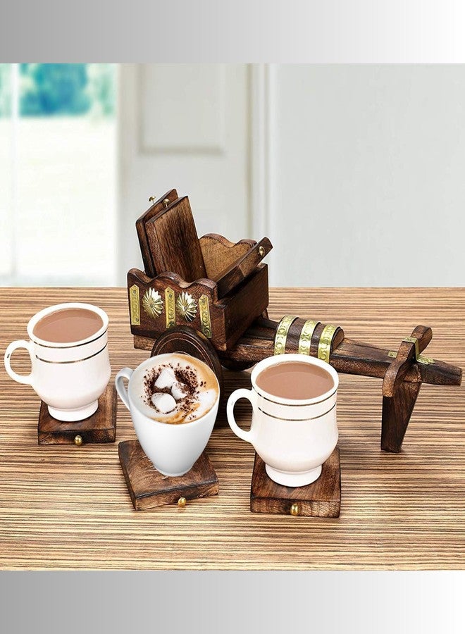 ANSHEZ Handcrafted Decorative Bullock Cart Shaped Wooden Coaster Set of 6 | Wooden Coaster for Dining Table & Office Desk | Baggi Coaster | Tea Coffee Coaster Set - Image 2